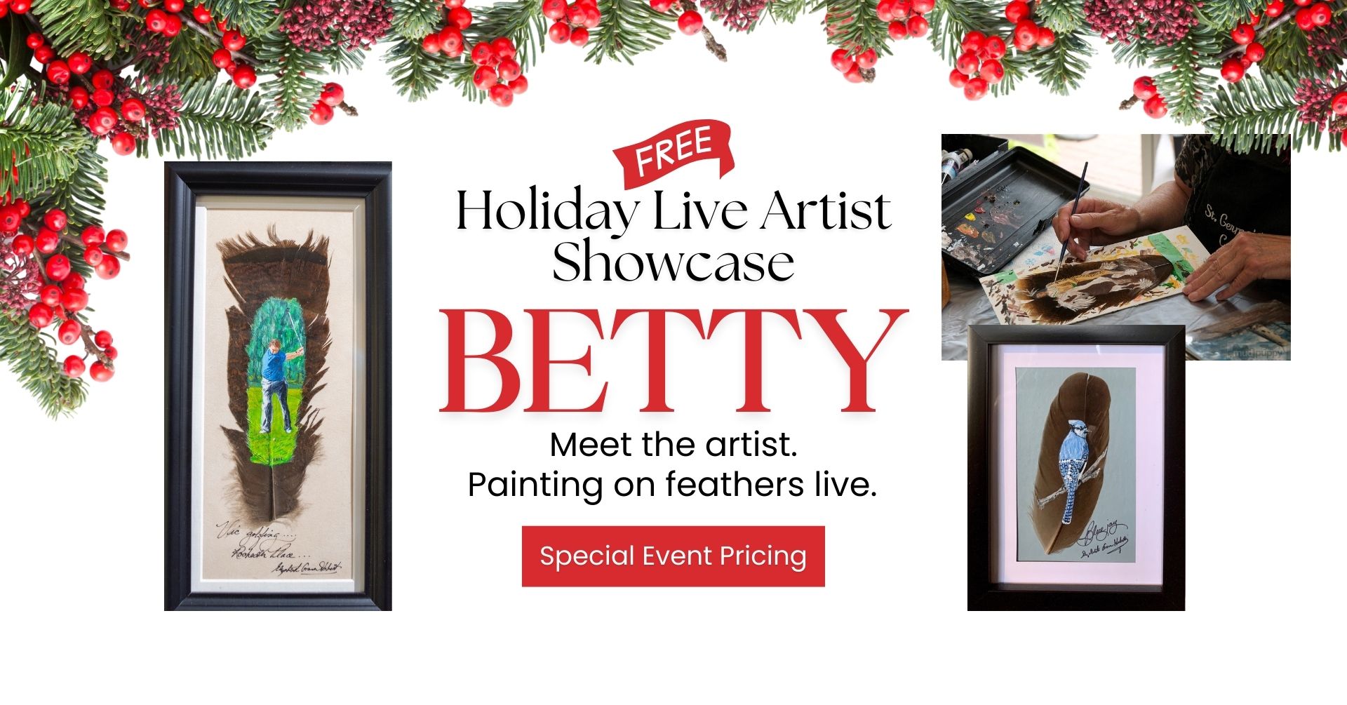 Betty Hebert painting on feathers artist live at The Gallery Upstairs